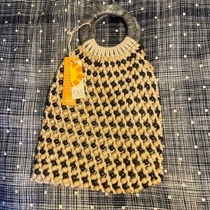 C&C California Retro Macramé Tan Brown Wood Bead Bag Purse Handbag Tote Beach
